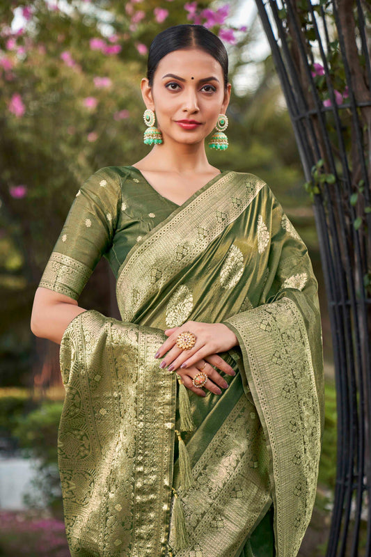 Olive Shimmer Silk Woven Work Fancy Saree