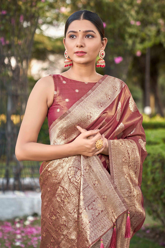 Rust Shimmer Silk Woven Work Fancy Saree - Monjolika Fashion