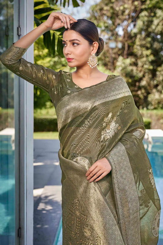 Olive Green Shimmer Silk Woven Contemporary Wear Saree