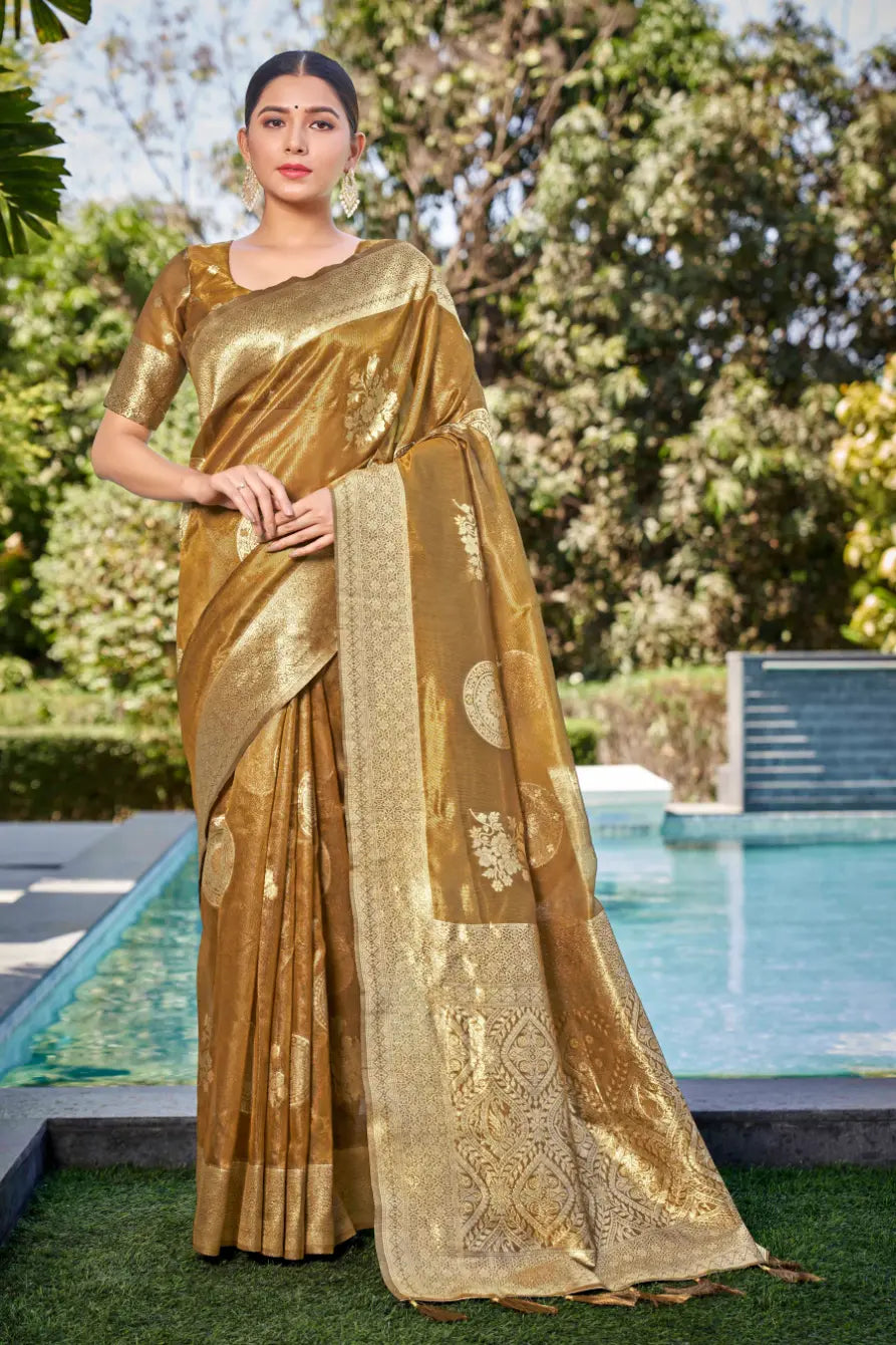 Mustard Shimmer Silk Woven Contemporary Wear Saree