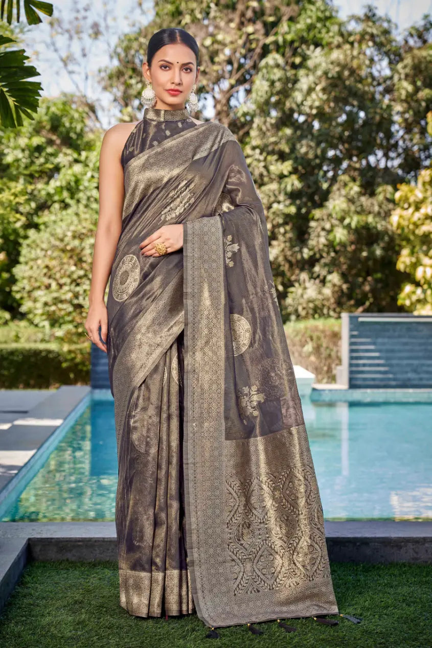 Grey Shimmer Silk Woven Contemporary Wear Saree