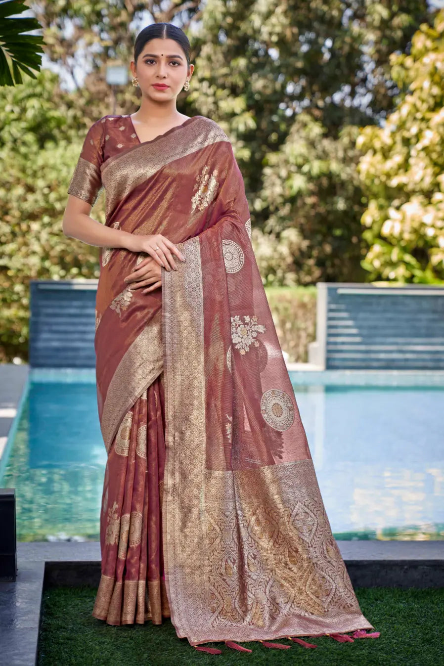 Rust Shimmer Silk Woven Contemporary Wear Saree