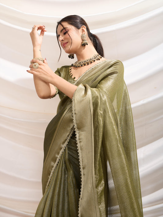Olive color Soft Linen Tissue Designer Border Work Saree
