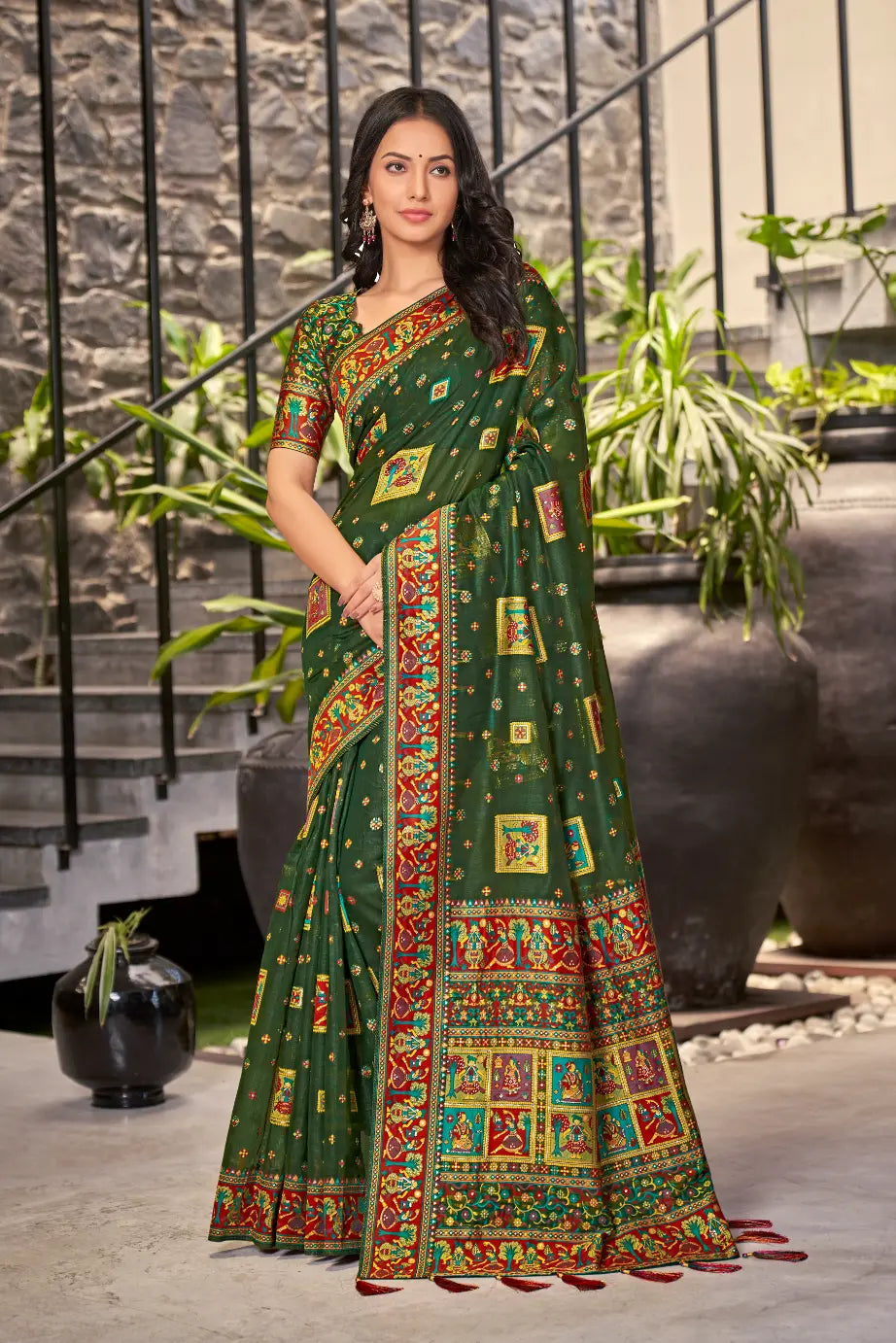 Dark Green Cotton Festival Wear Ethnic Saree