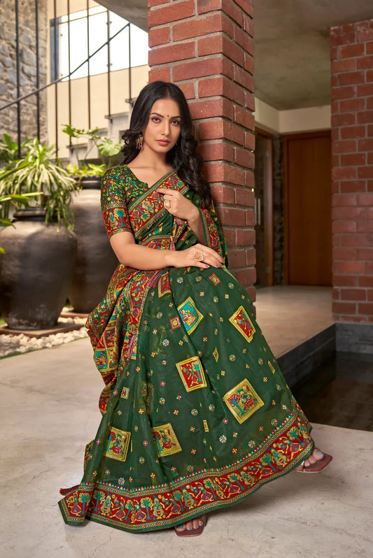 Dark Green Cotton Festival Wear Ethnic Saree - Monjolika Fashion