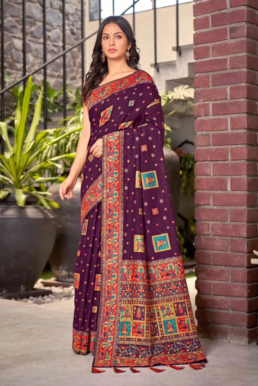 Purple Cotton Festival Wear Ethnic Saree