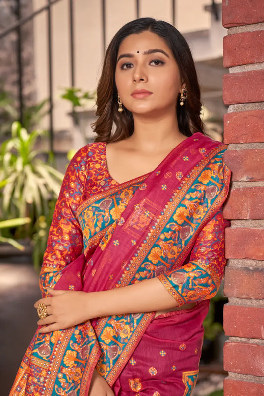 Bright Pink Cotton Festival Wear Ethnic Saree - Monjolika Fashion