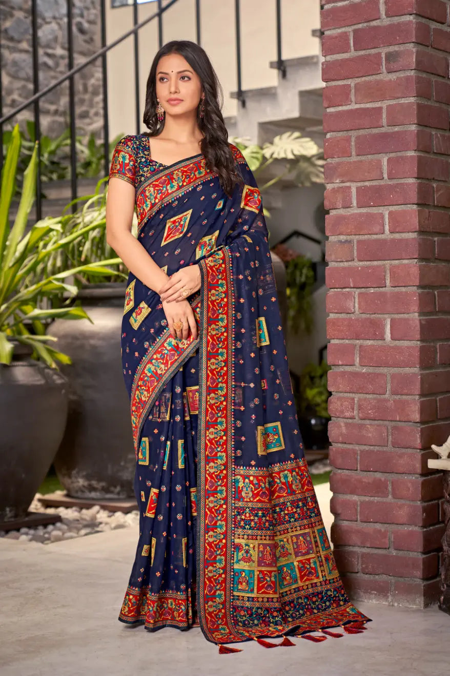 Navy blue Cotton Festival Wear Ethnic Saree