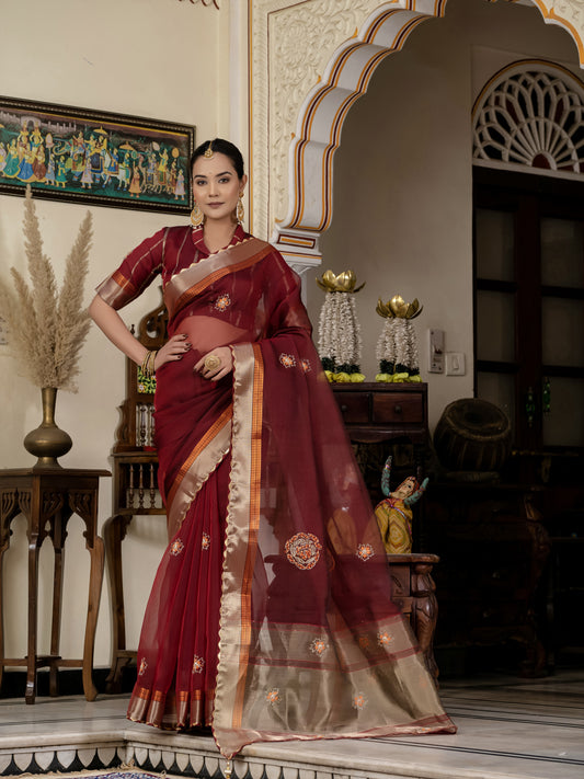 Maroon Color Cutdana Work Kota Linen Stylish Saree