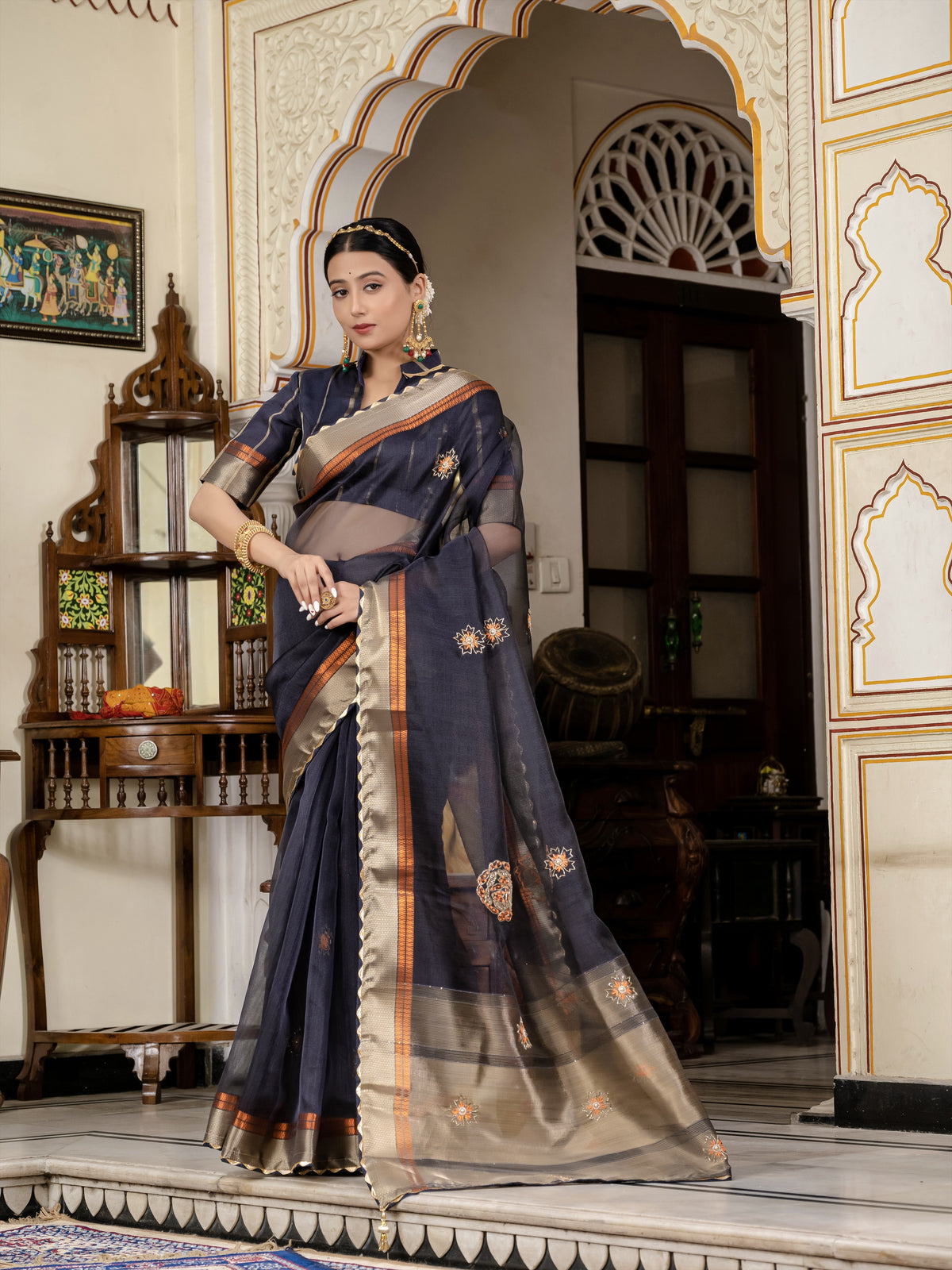 Navy blue Color Cutdana Work Kota Linen Stylish Saree