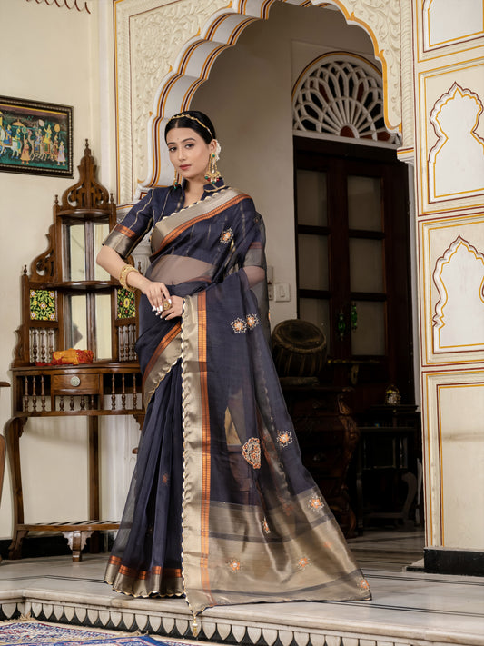 Navy blue Color Cutdana Work Kota Linen Stylish Saree