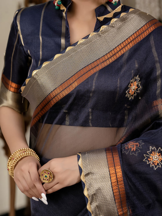 Navy blue Color Cutdana Work Kota Linen Stylish Saree