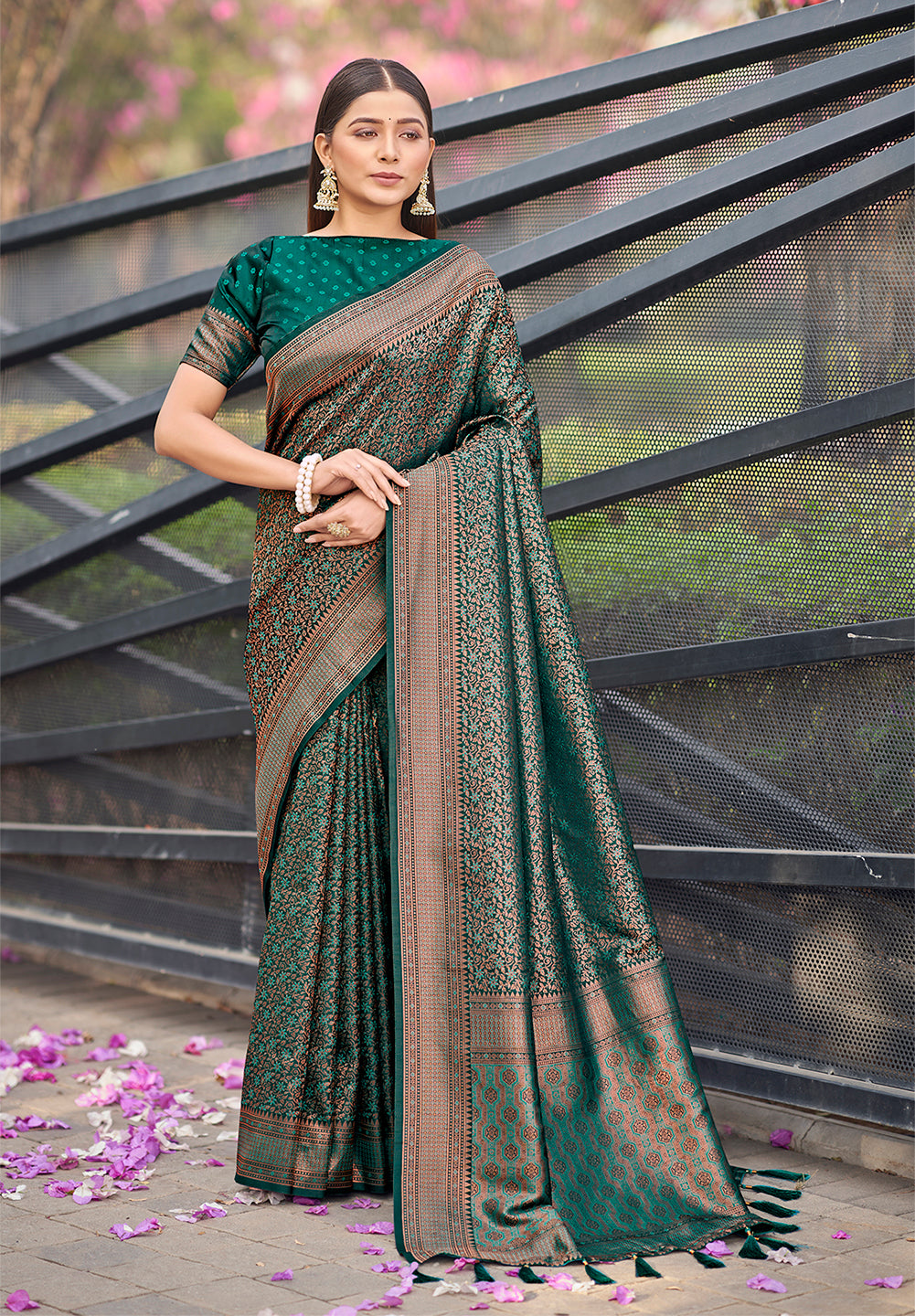 Dark Teal Soft Banarasi Copper Zari Work Classic Saree