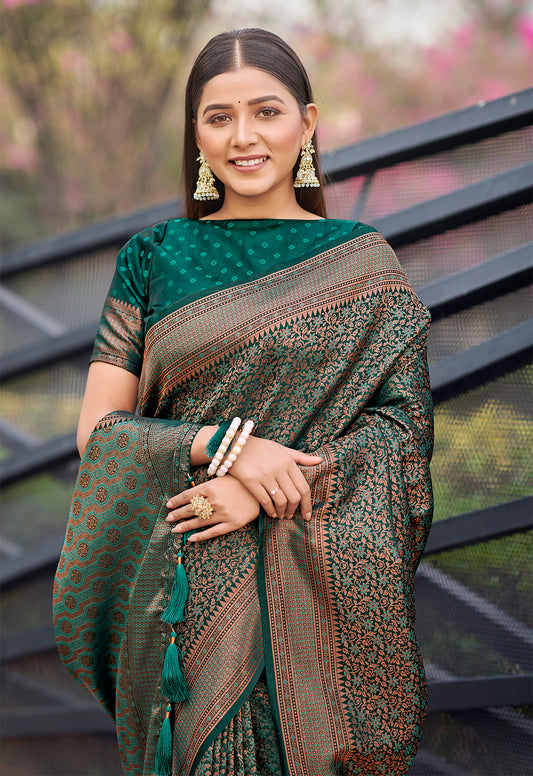 Dark Teal Soft Banarasi Copper Zari Work Classic Saree - Monjolika Fashion