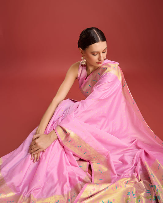 Light pink Paithani Silk Woven Classic Saree - Monjolika Fashion