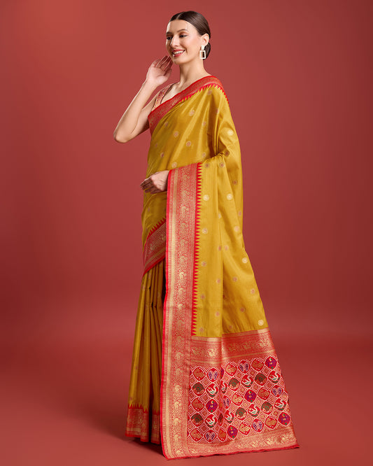 Mustard Kanjivaram Silk Patola Printed Designer Saree