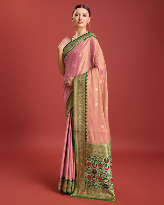 Rose Pink Kanjivaram Silk Patola Printed Designer Saree