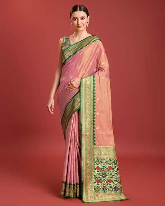 Rose Pink Kanjivaram Silk Patola Printed Designer Saree