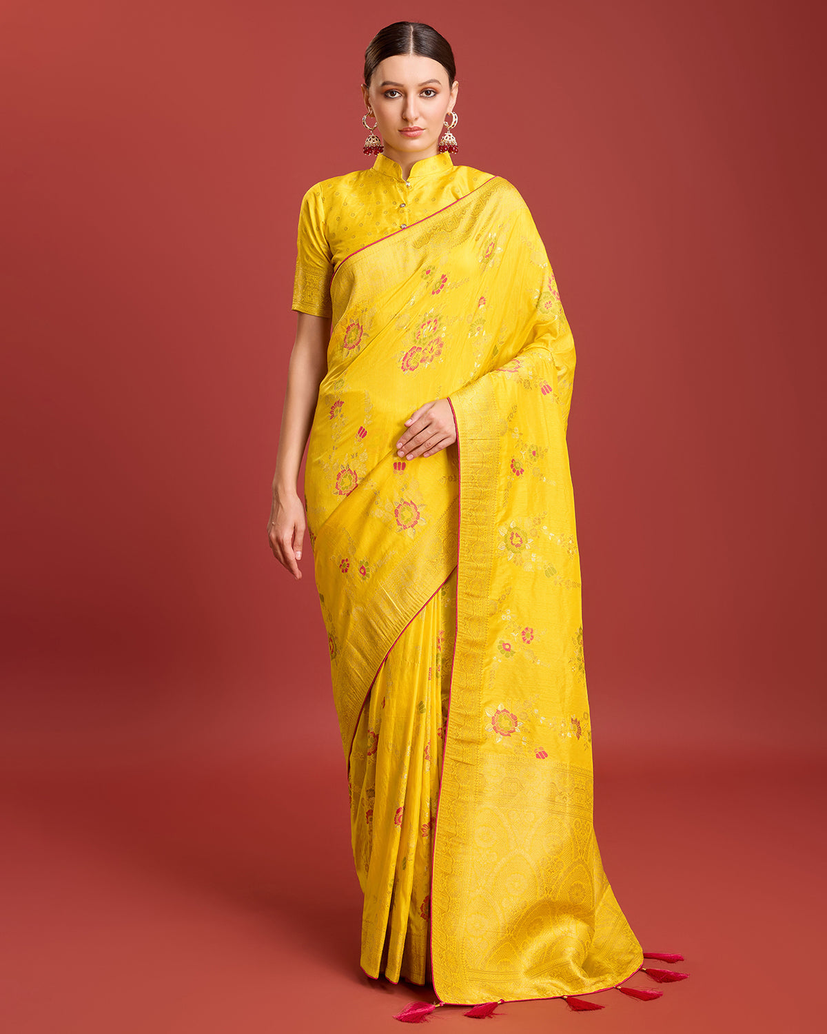 Yellow Banarasi Viscose Silk Gorgeous Saree