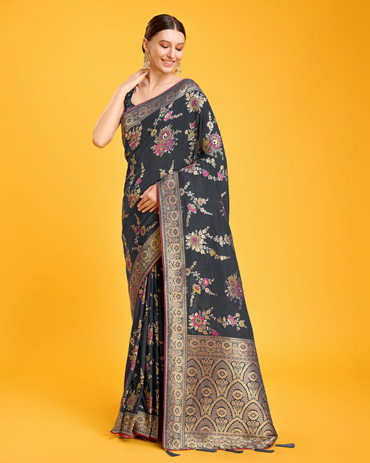 Black Banarasi Viscose Silk Woven Gorgeous Saree