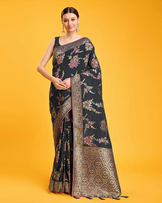 Black Banarasi Viscose Silk Woven Gorgeous Saree