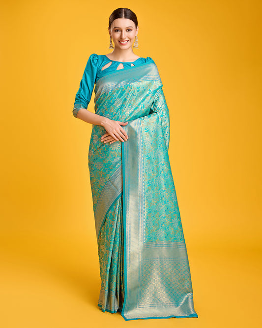 Light Blue Banarasi satin silk Hand Woven Saree - Monjolika Fashion