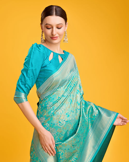 Light Blue Banarasi satin silk Hand Woven Saree - Monjolika Fashion