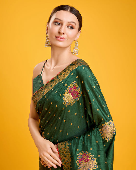 Dark Green Banarasi Dola silk Weaving Indian Saree