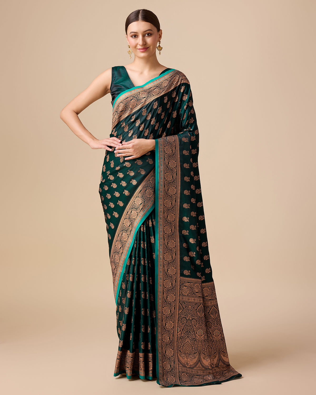 Dark Green Banarasi silk Weaving Zari Work Saree - Monjolika Fashion