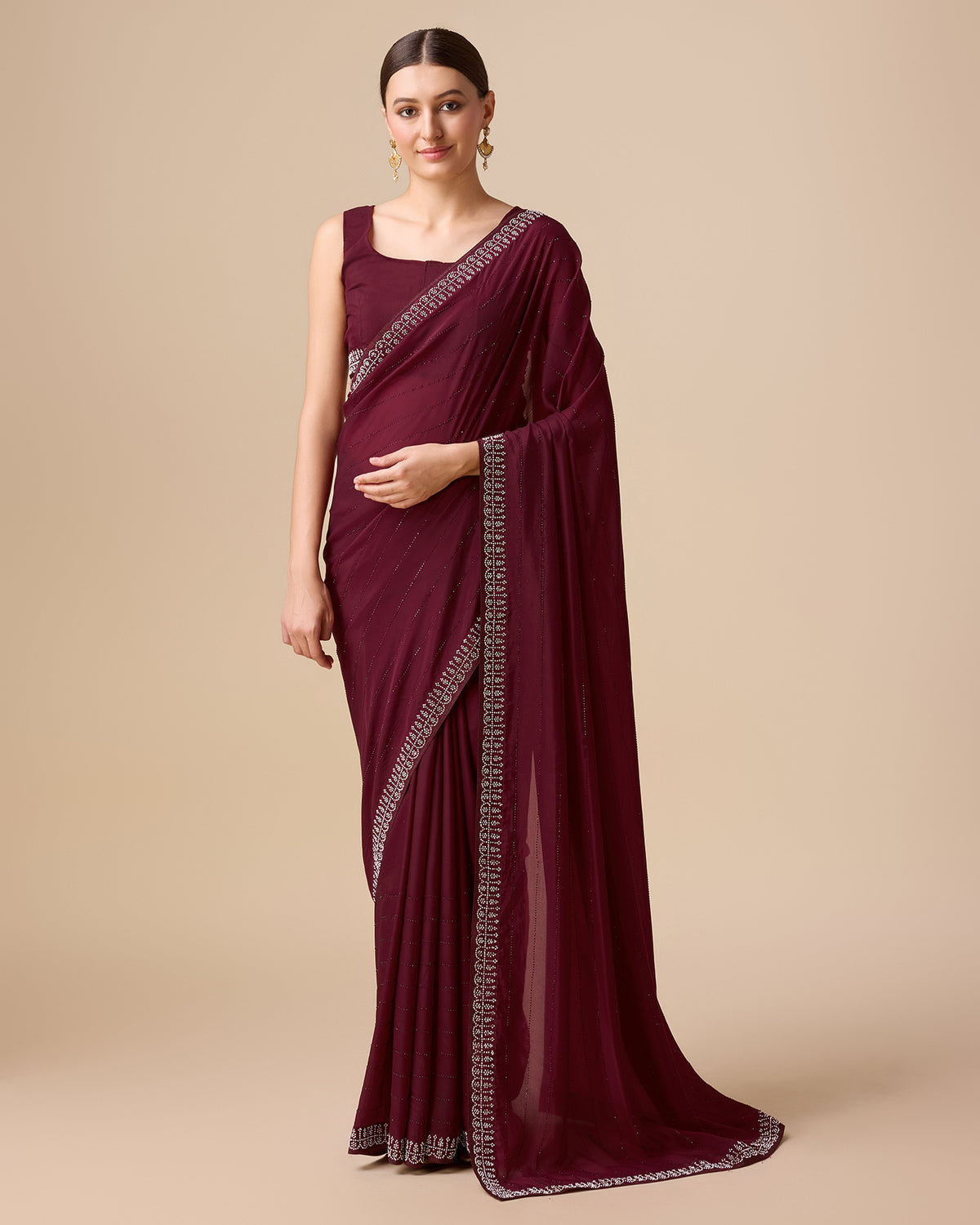 Wine colour organza silk designer saree for women