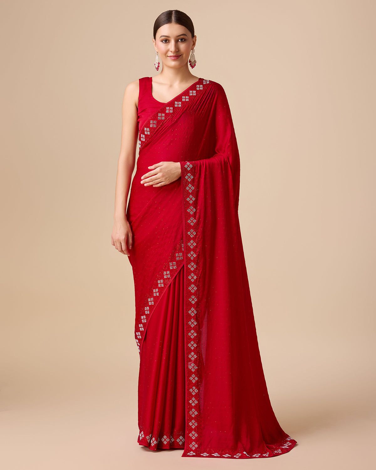 Red Satin Swarovski Work Gorgeous Saree
