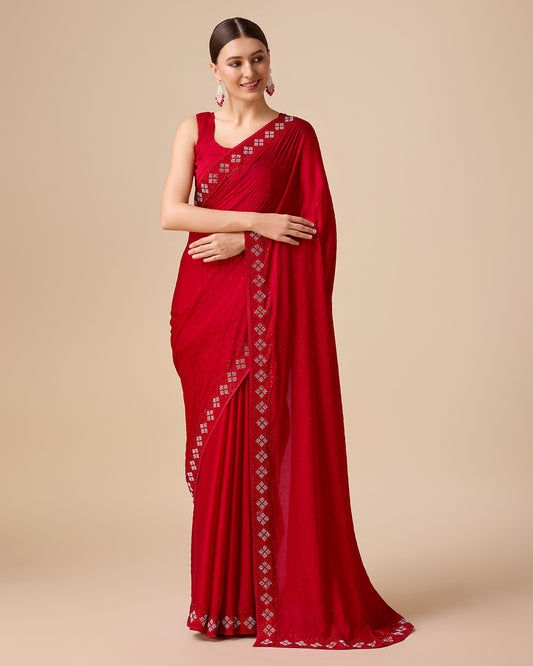 Red Satin Swarovski Work Gorgeous Saree - Monjolika Fashion