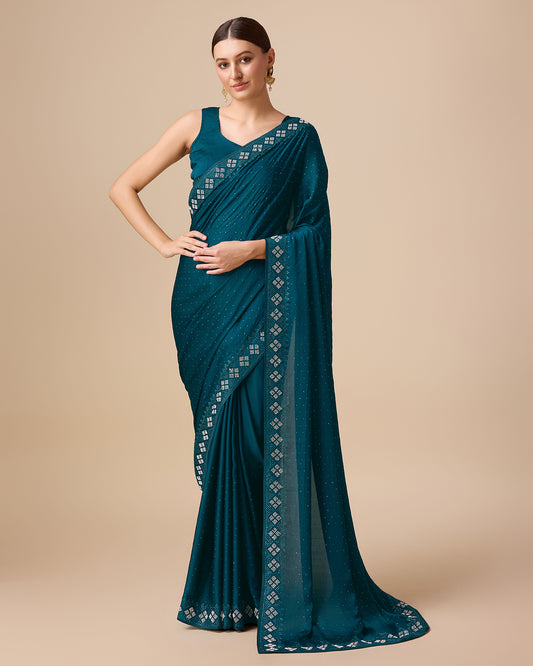 Red Satin Swarovski Work Gorgeous Saree - Monjolika Fashion