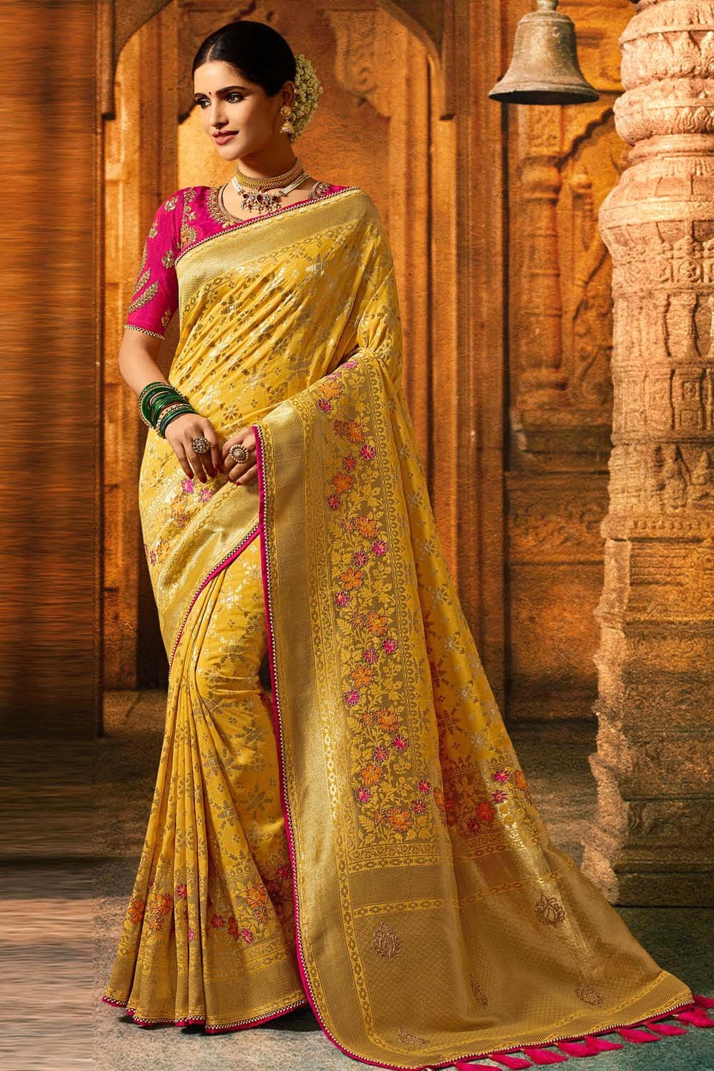 Yellow Banarasi Silk Zari Woven Wedding Saree