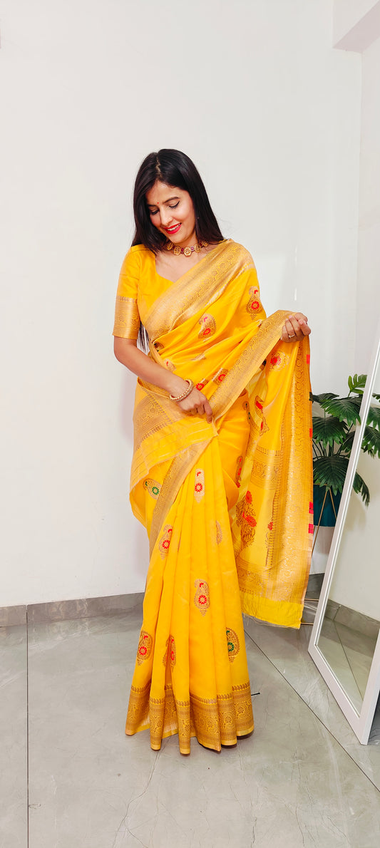 Yellow Silk Zari Work & Floral Motifs Elegant Saree