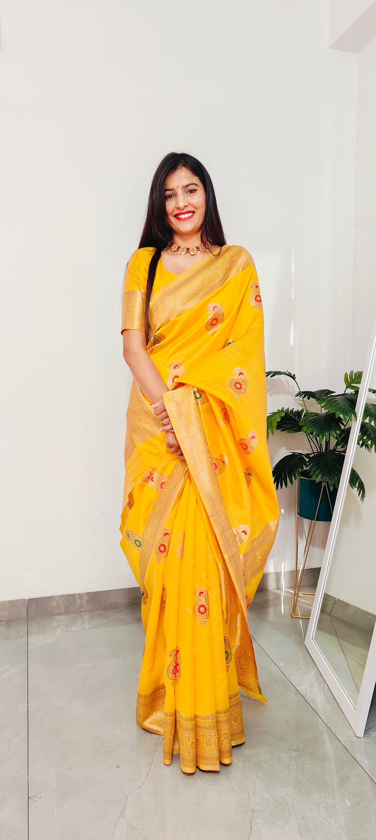 Yellow Silk Zari Work & Floral Motifs Elegant Saree