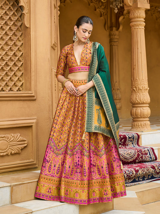 Yellow Trendy Kanjivaram Jacquard Woven Work Lehenga choli