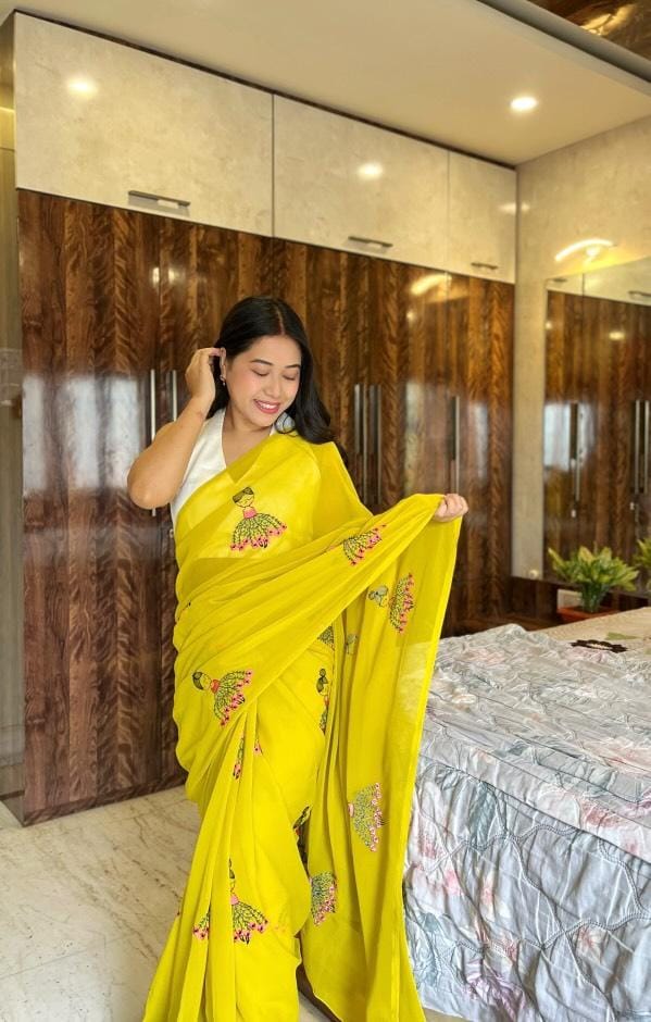 Olive Green Georgette Embroidered Work Party Wear Saree
