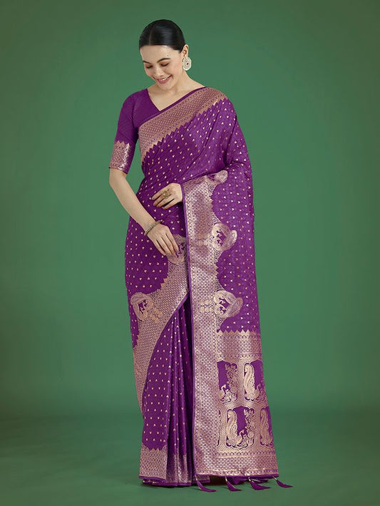 Gorgeous Purple Woven Banarasi Satin Designer Silk Saree