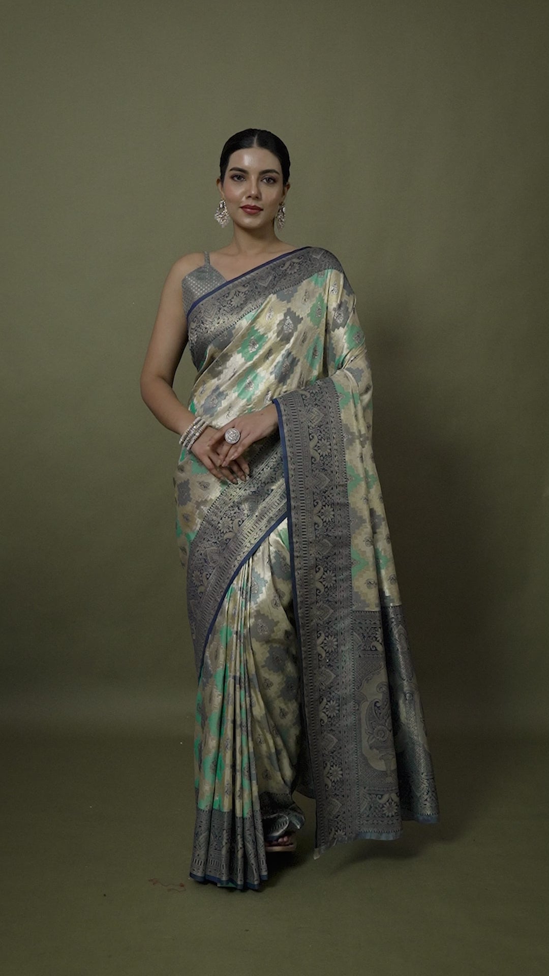 Navy Blue And Cream Banarasi Silk Zari Border Saree