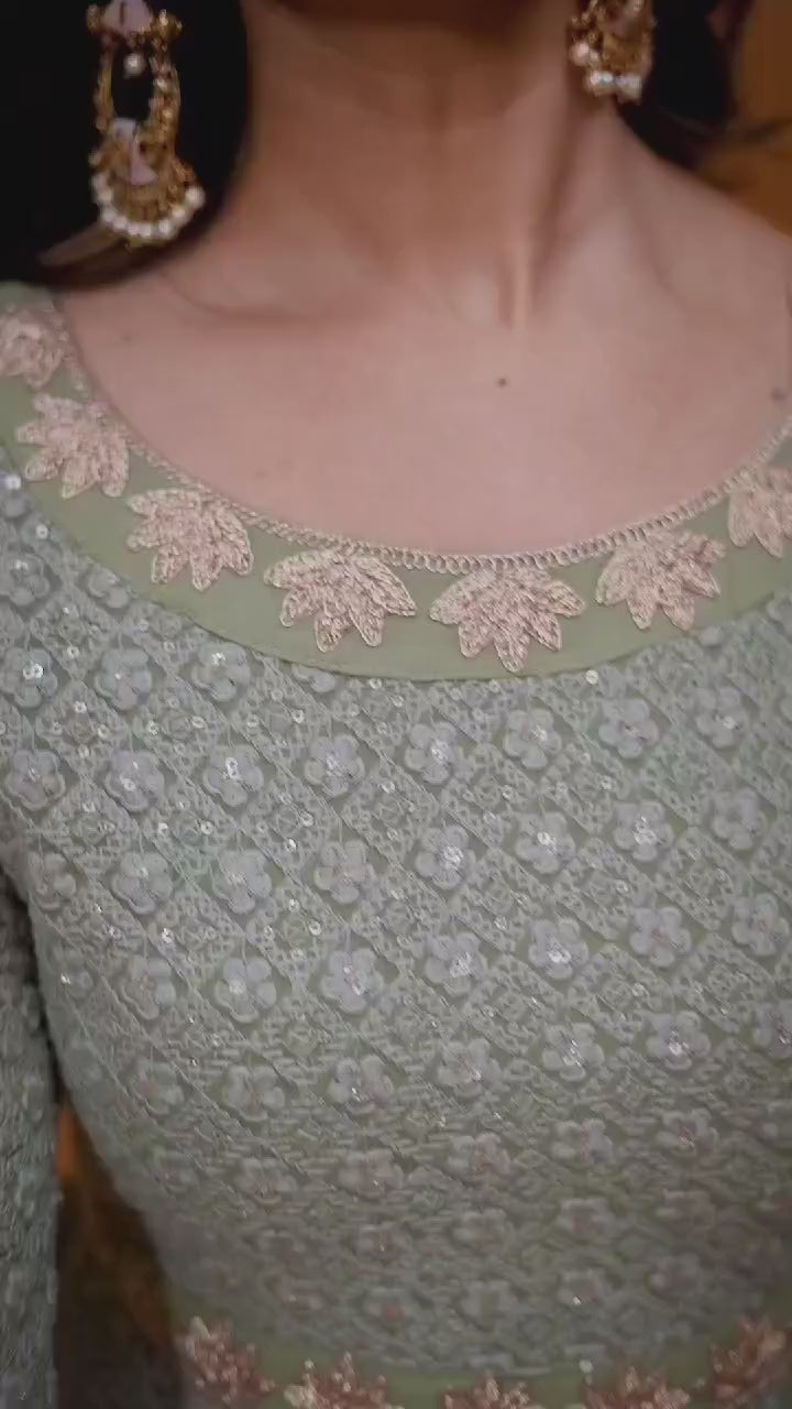Sage Green Faux Georgette Embroidered Readymade Gown