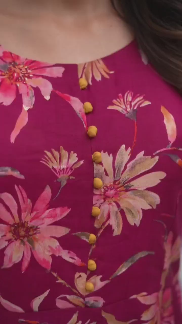 Rani Pink Premium Chanderi Floral Printed Long Kurti with Dupatta
