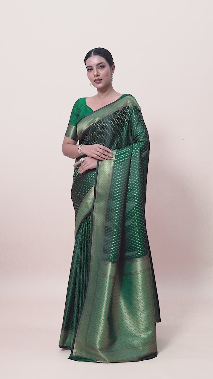 Dark Green Banarasi Satin Silk Zari Woven Luxurious Saree
