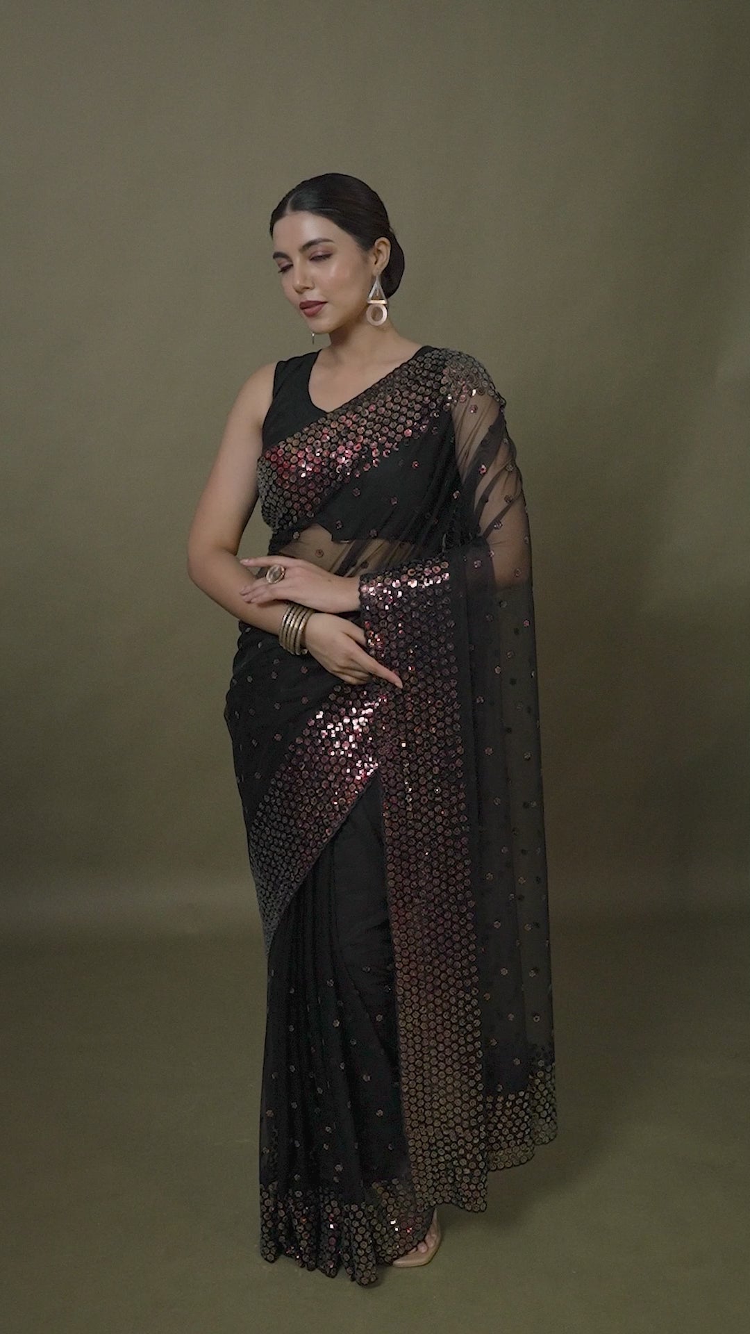 Black Soft Net  Sequins Work Designer Saree
