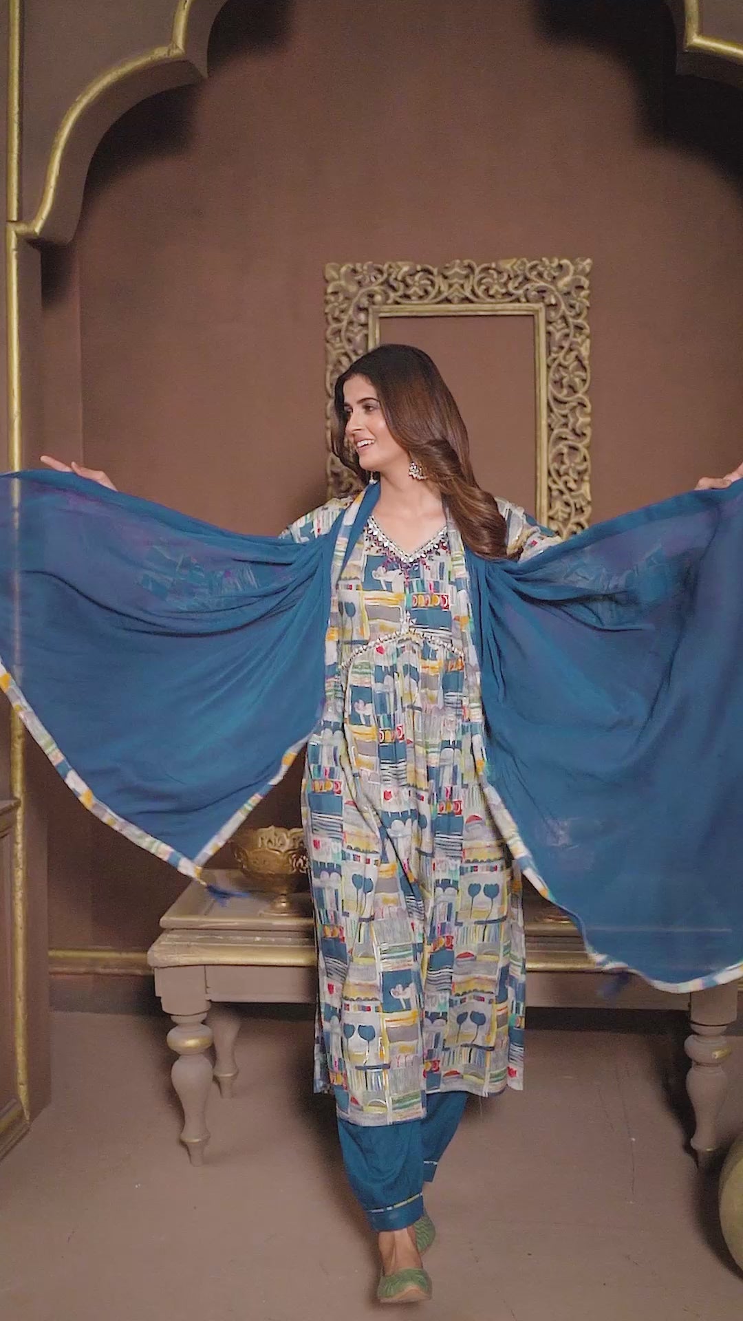 Blue Rayon Printed Festival Wear Afghani Suit