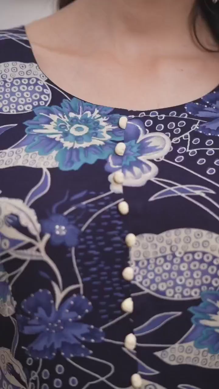 Royal Blue Premium Rayon Floral Printed Long Kurti with Dupatta