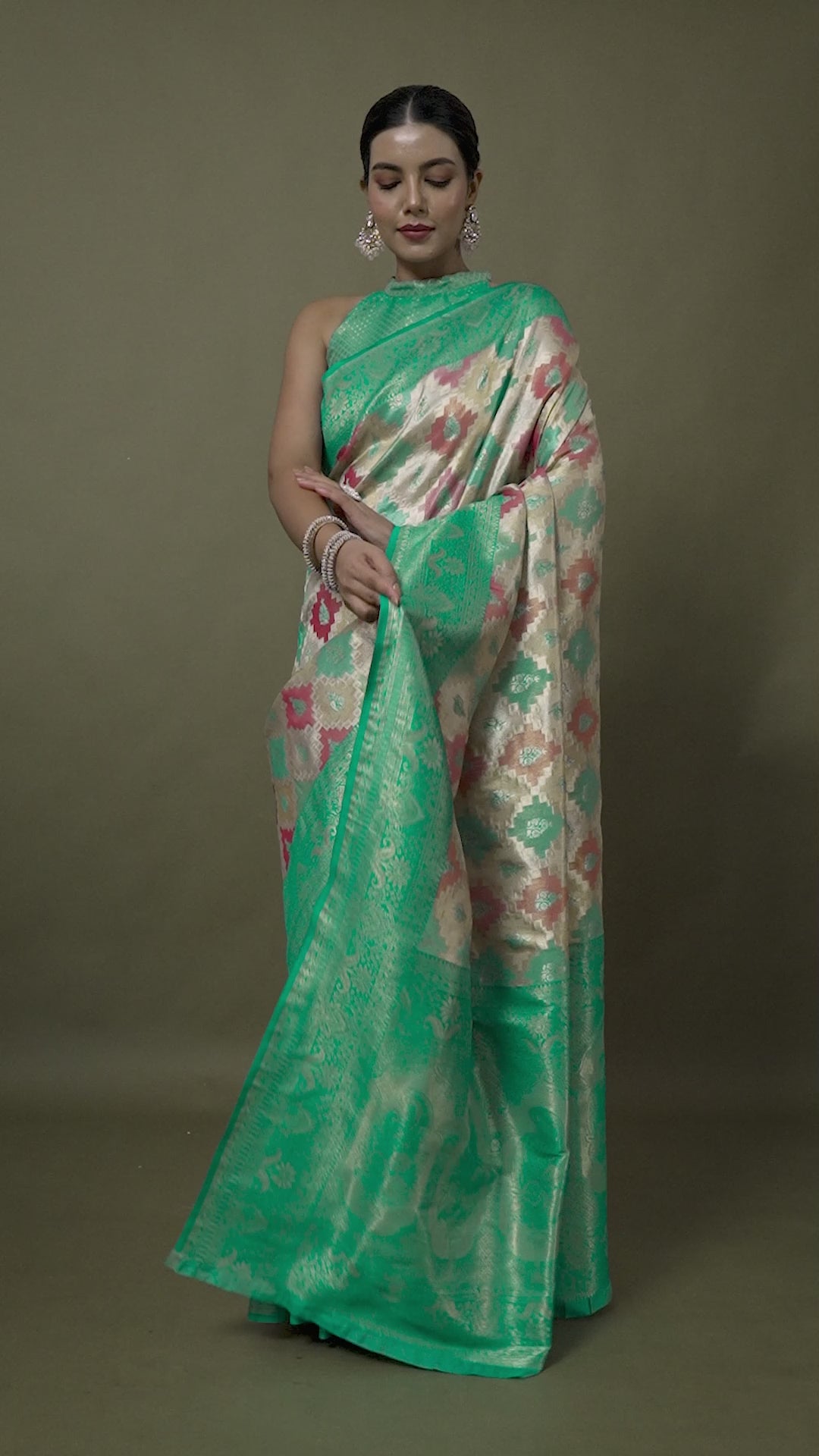 Turquoise And Cream Banarasi Silk Woven Stunning Saree